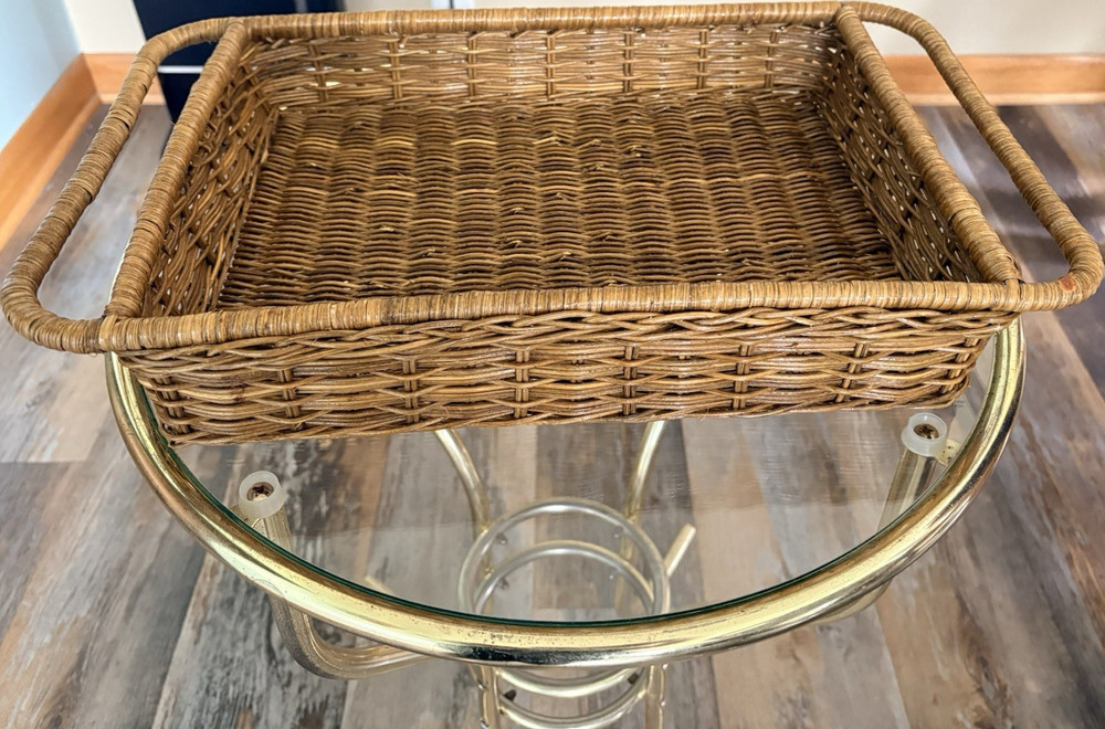 Medium Brown Wicker Rectangle Serving Tray with Handles, Matte Finish