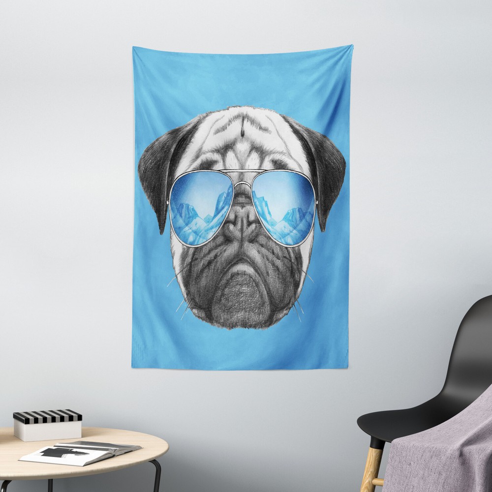 Pug Tapestry Portrait with Sunglasses Print Wall Hanging Decor