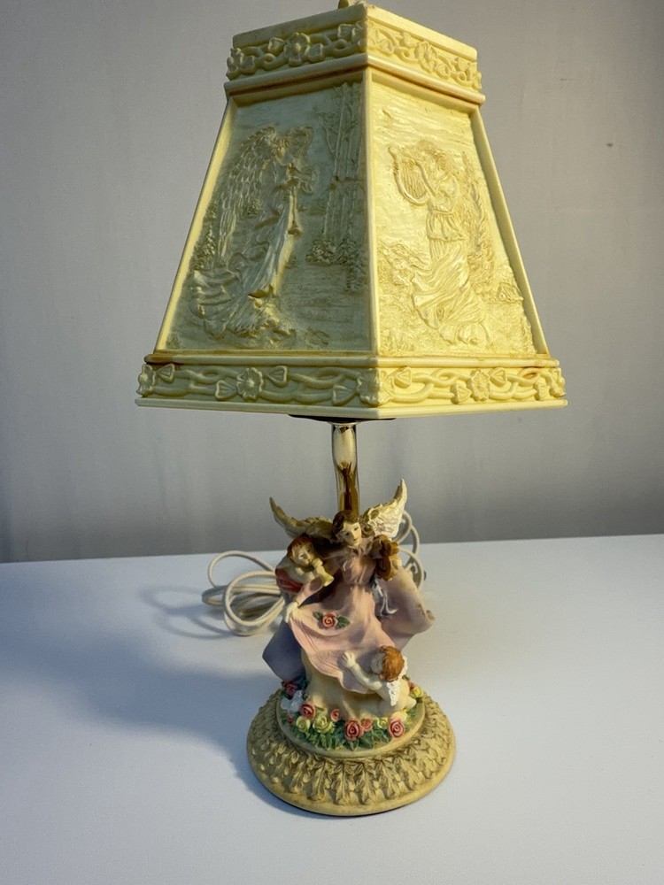 Vintage Angel Table Lamp Cherub Figurine APEX 1998 Relief Shade 12” Works