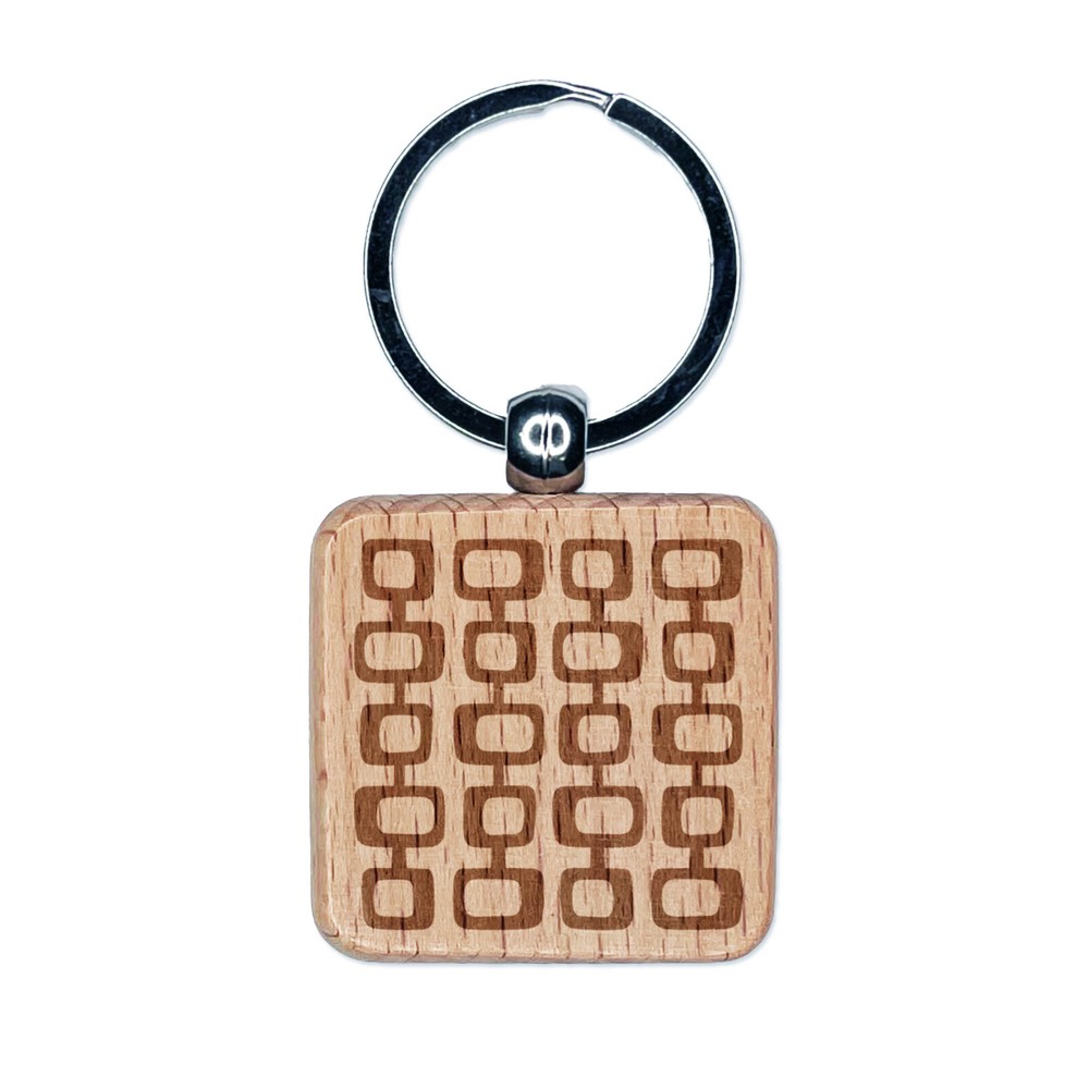 Retro Mid Century Square Engraved Wood Keychain Charm Tag  