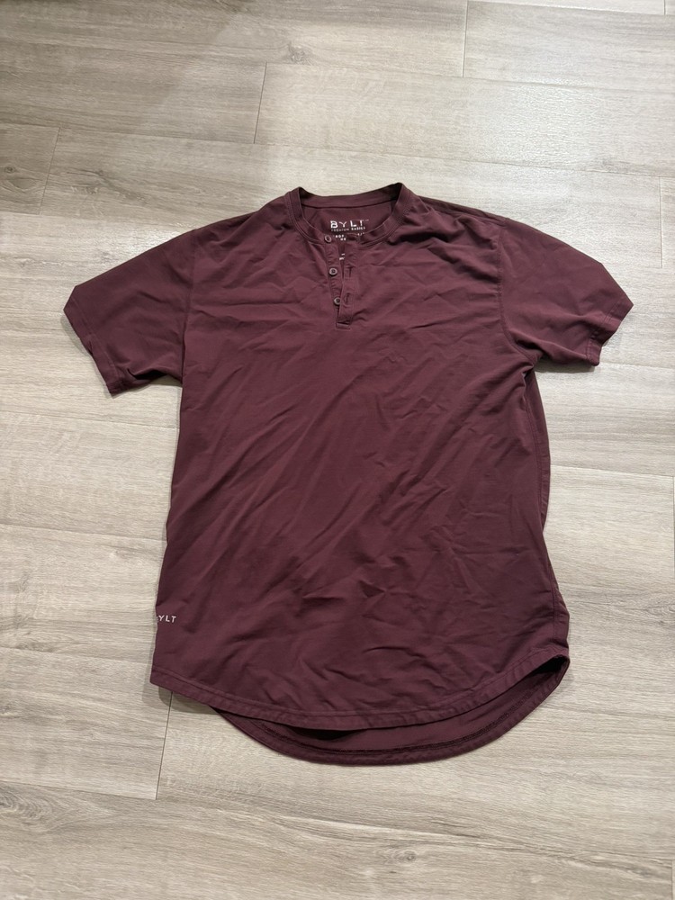 BYLT Basics LUX Drop Cut Henley Shirt Mens Large Maroon Stretch Premium Tee