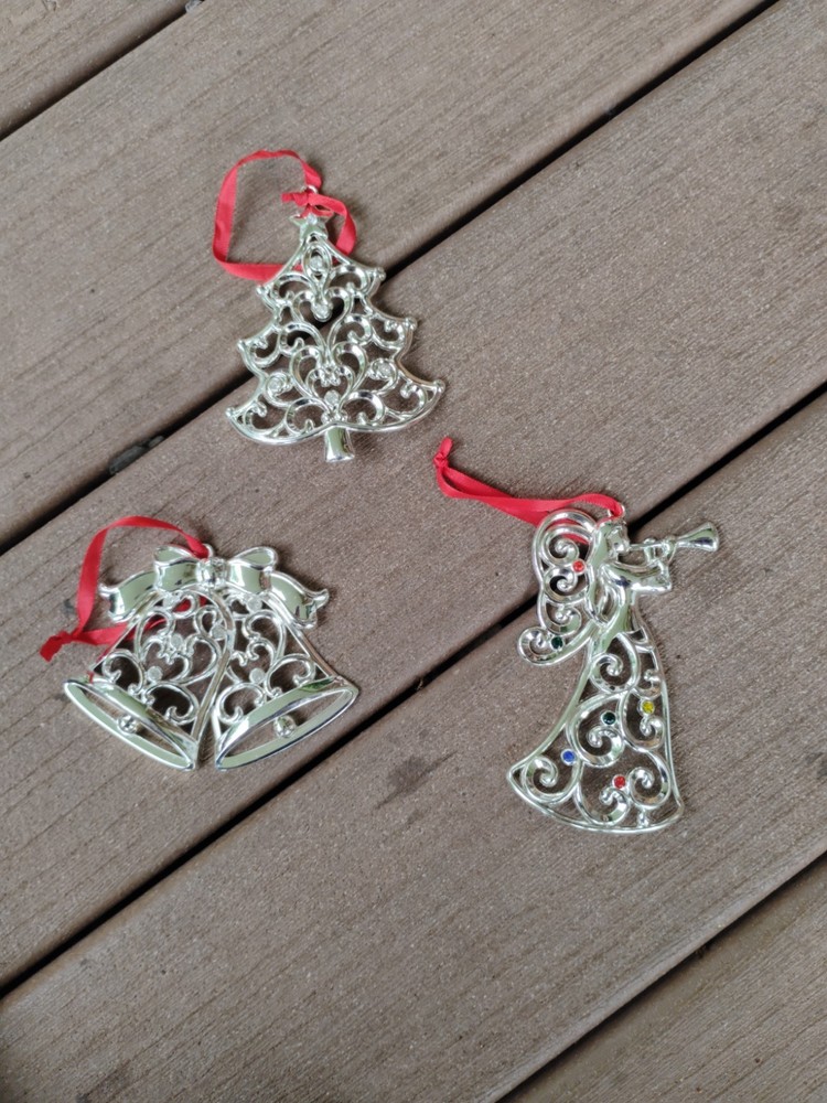 Set Of 3 Lenox Sparkle And Scroll Multi-Crystal Silver Plate Christmas Ornaments