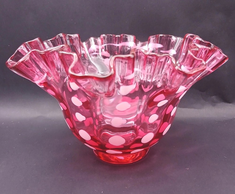 Vintage 1960's Fenton Cranberry Blown Glass Polka Dots Pattern Candy Dish MCM