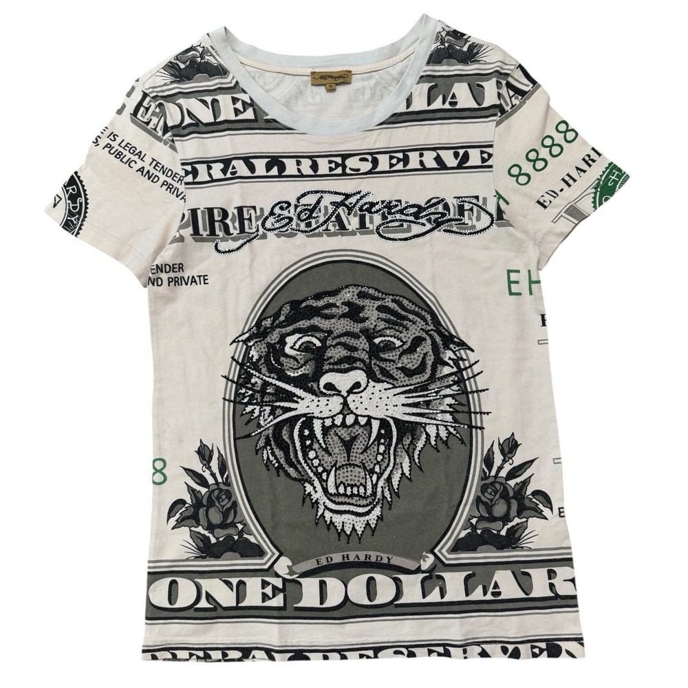 Ed Hardy Tiger One Dollar Bill All Over Print Shirt Christian Audigier Size M