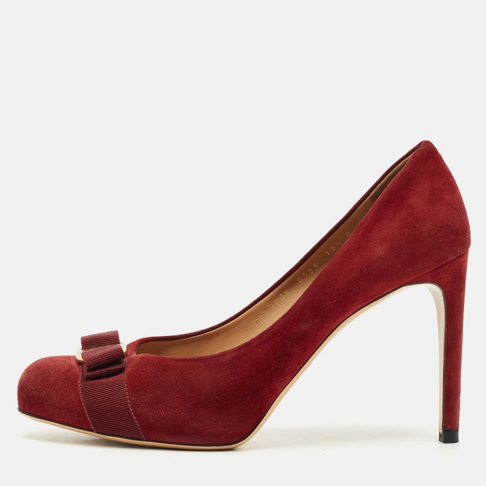Salvatore Ferragamo Dark Red Suede Pimpa Vara Bow Platform Pumps Size 41