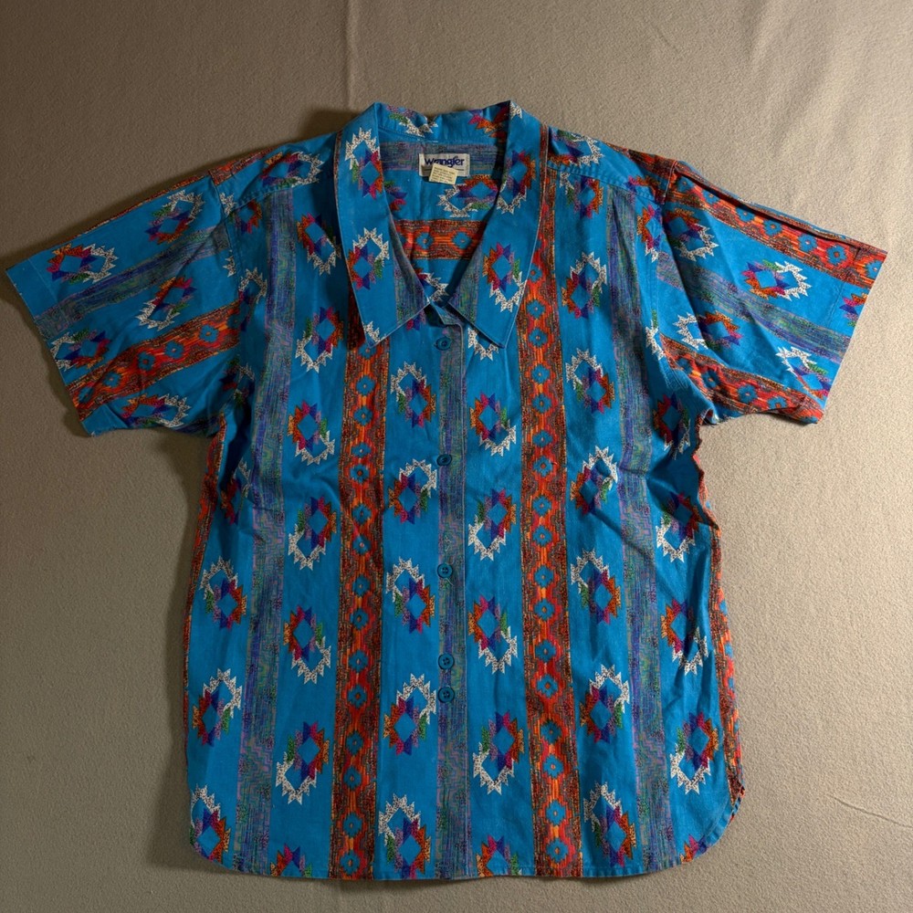 Wrangler Womens Blue Aztec Southwestern Print Short Sleeve Button Up Shirt L
