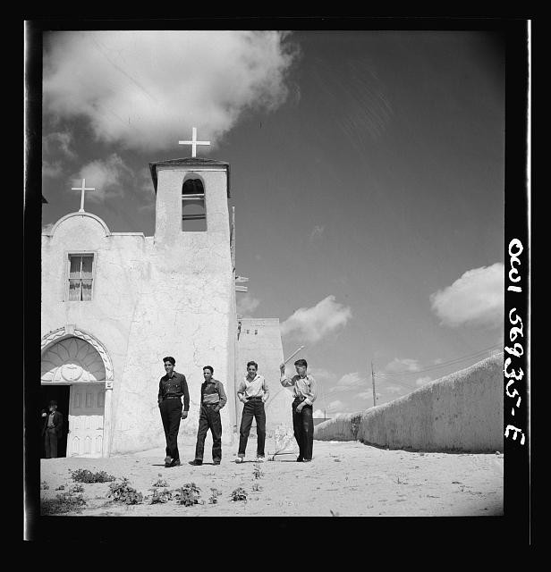Photo:New Mexico 1930s Adobe Church Crosses Men Outside Mission Style