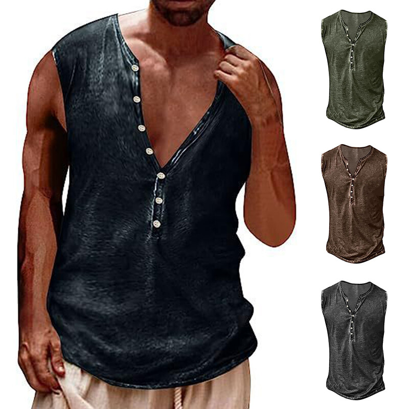Men Button Tank Top Workout Muscle Tee T-Shirt Sleeveless Gym Sports Vest