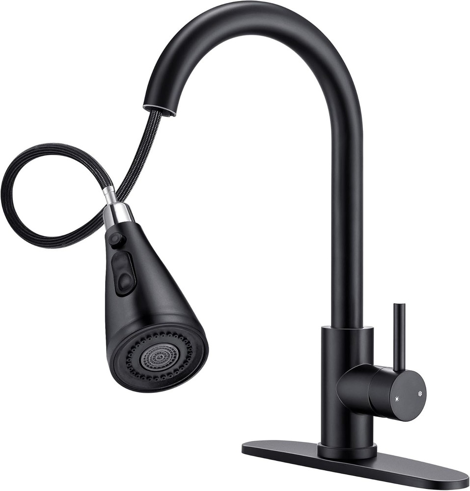 Modern Matte Black Kitchen Faucet with 3 Spray Modes & Pull Down Sprayer