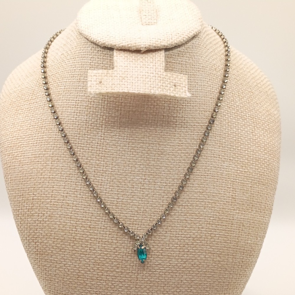 Vintage Rhinestone Choker Necklace Aqua Teal Blue Dainty Pendant Silver Tone 15
