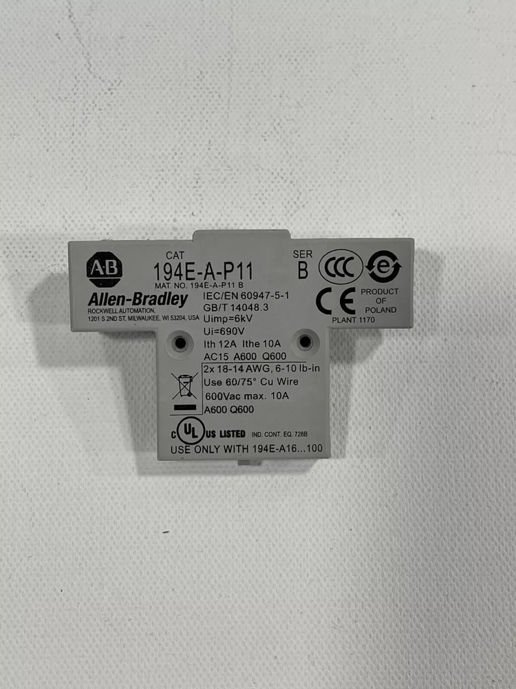 NEW! Allen Bradley 194E-A-P11 Auxiliary Contact Block 1 NO/ 1 NC - Side Mount