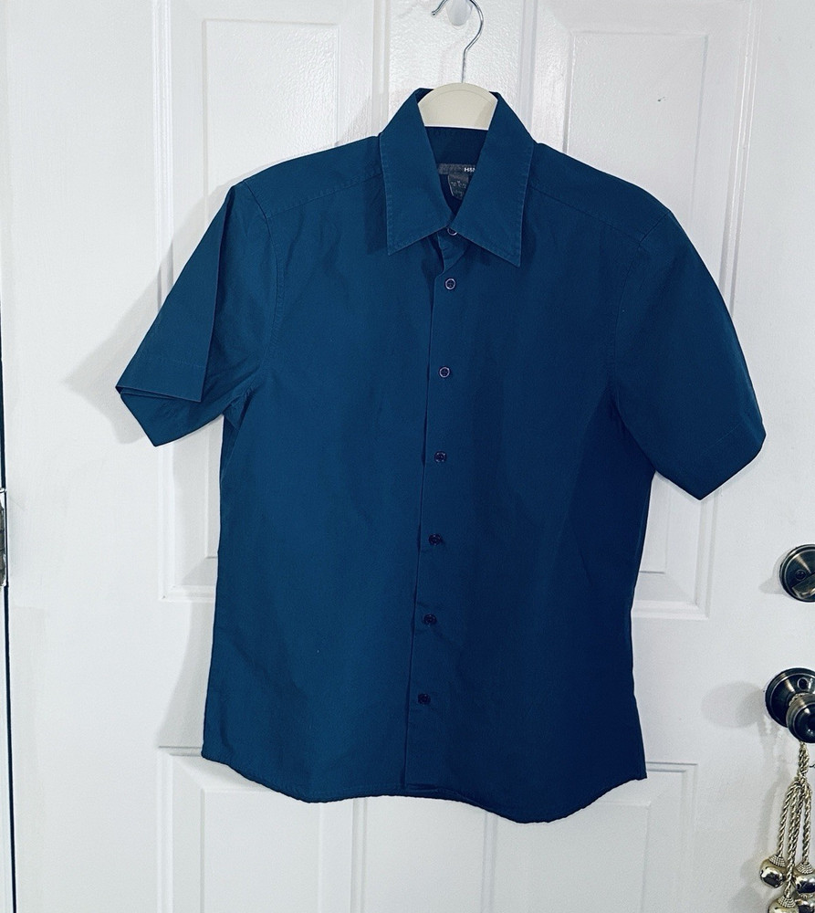 H&M Blue Solid Cotton Woven Short Sleeve Button-Up Point Collar Shirt Size M