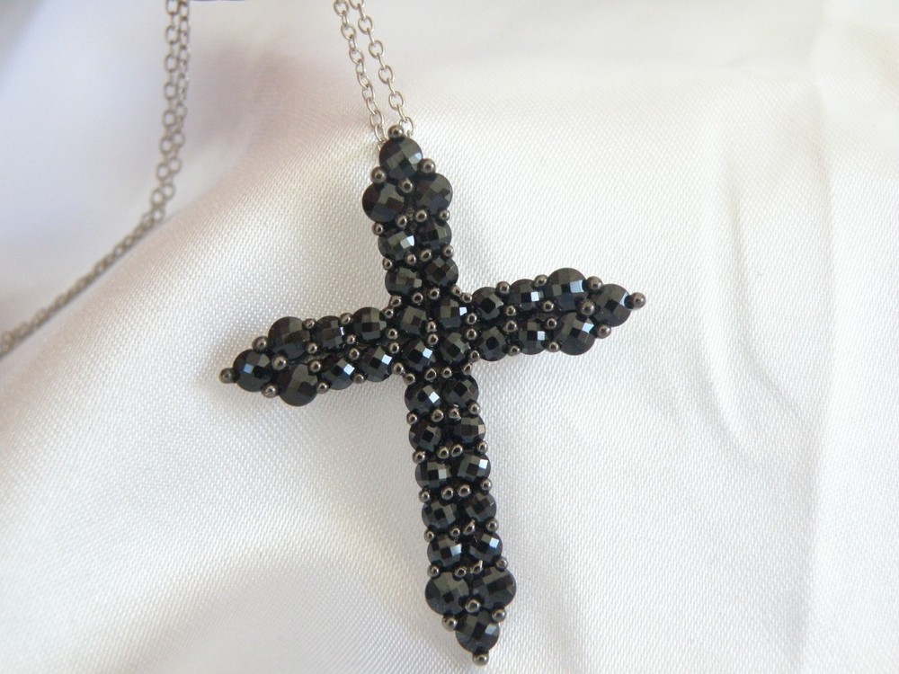 Vintage Sterling Silver 925 Black Spinel Cluster Larger Cross Pendant Necklace
