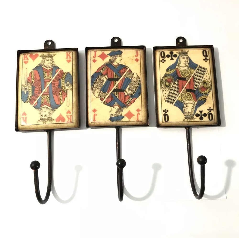 Playing Card Wall Hooks/Hangers-9” Metal & Resin- Distressed. King, Queen, Jack