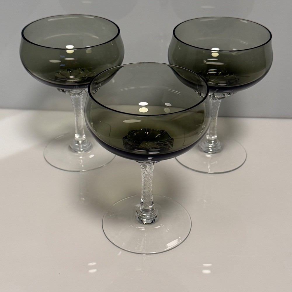 Set of 3 Sasaki Coronation Smoke Crystal Twist Stem Champagne Glasses