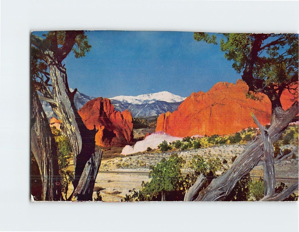 Postcard Looking at snow covered Pikes Peak Garden of the Gods Colorado USA