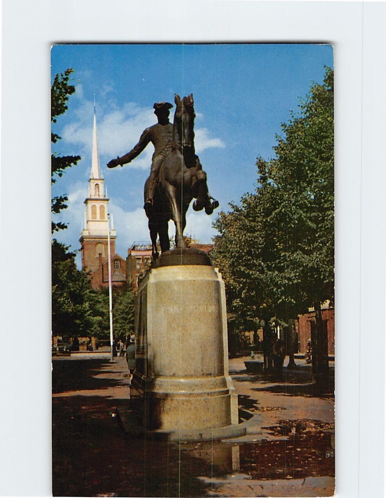 Postcard Old North Church & Paul Revere Statue Boston Massachusetts USA