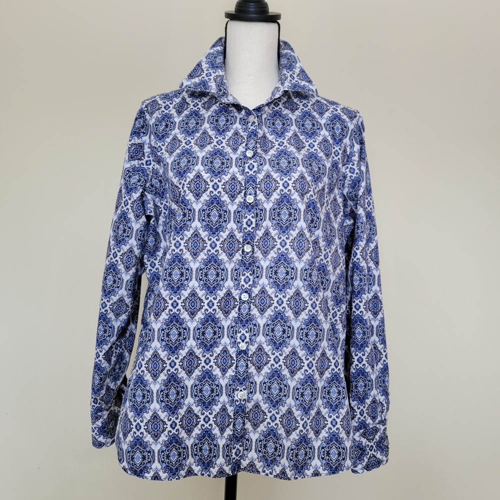 Lands End Womens 16 No Iron Button Front Long Sleeve Collared Shirt Blouse EUC
