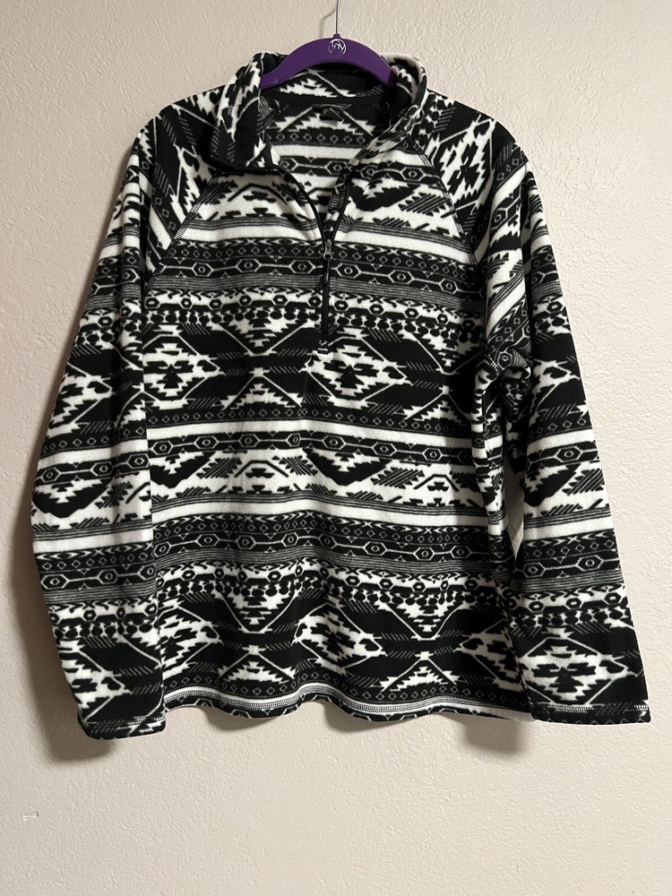 Eddie Bauer Women’s XL Black White Aztec Print Soft Fleece 1/4 Zip Cozy Warm