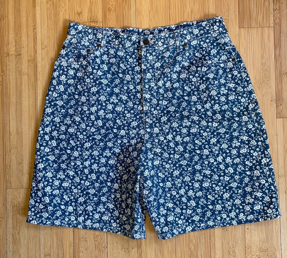 Vintage Cherokee Blu White Denim Floral AOP Shorts Women's Size 16 High Waist 32