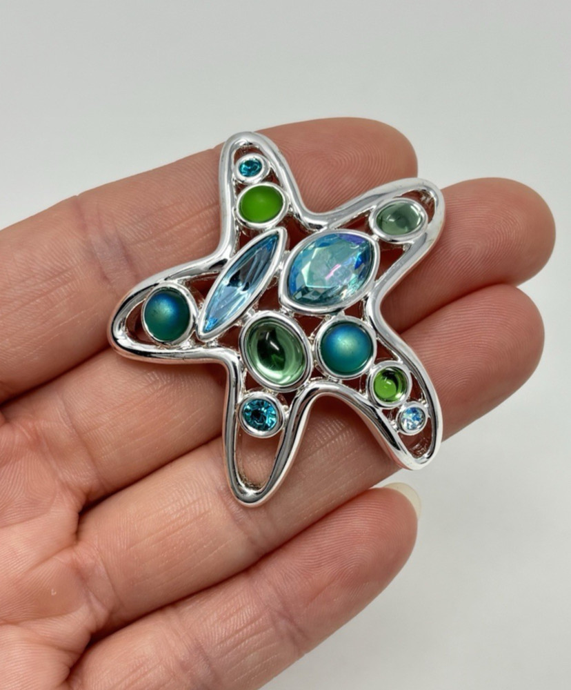 Monet Starfish Blue Green Teal Cabochon Rhinestone Pin Brooch Beach Theme