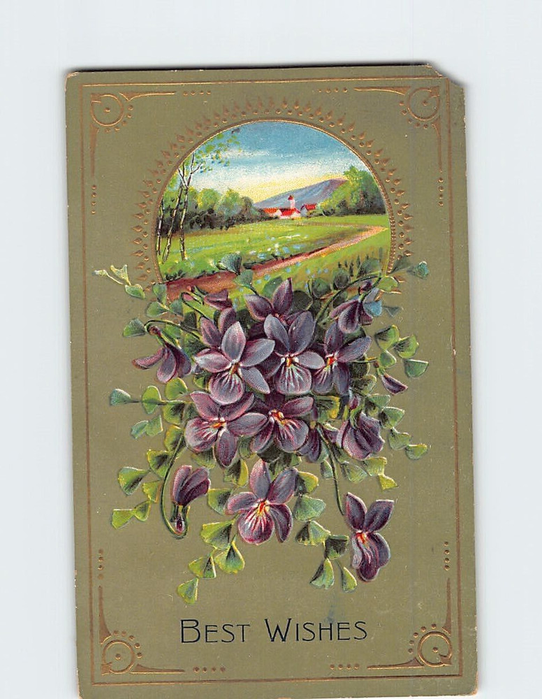 Postcard Embossed Best Wishes Postcard With  Purple Violets and Lakeside Scene