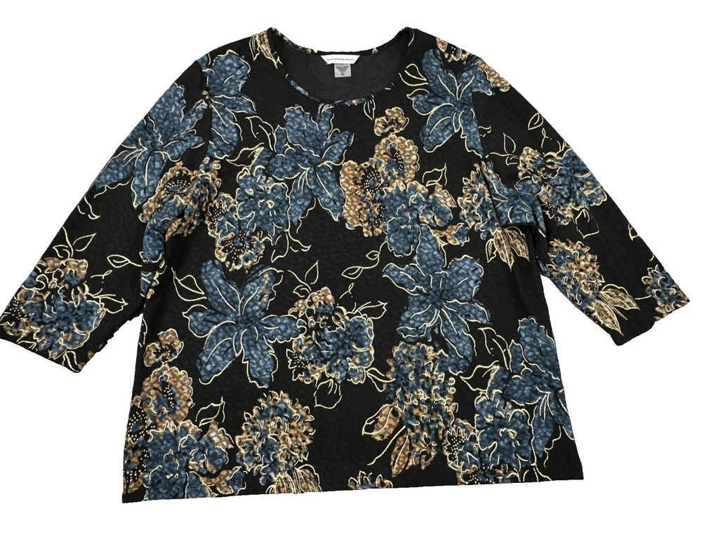 Allison Daley Women's Top XL Blue Black Floral Print 3/4 Sleeve Knit Blouse XL