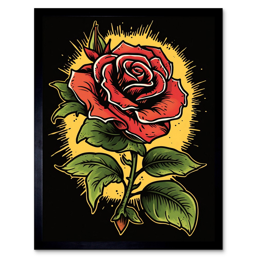 A Single Rose Old School USA Tattoo Rockabilly 50s Framed Print Wall Art 12x16