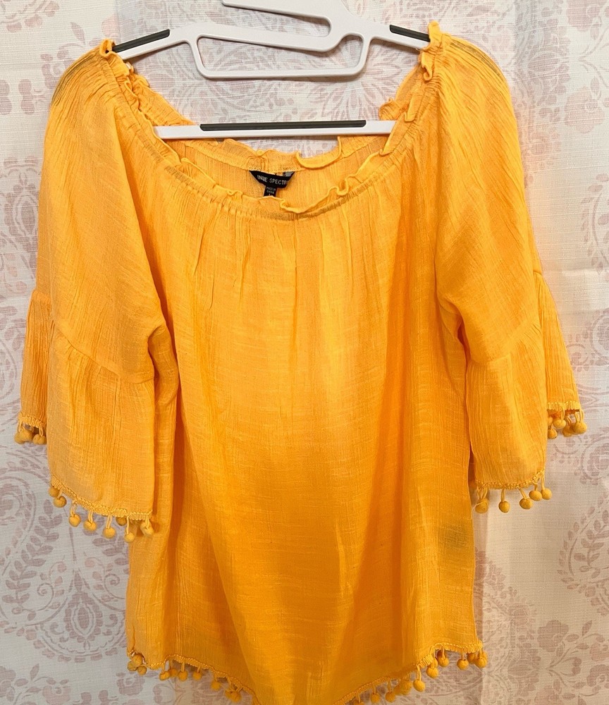 Unique Spectrum Women's Yellow Solid Off-Shoulder 3/4 Sleeve Pom Blouse L