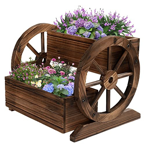Wooden Wagon Planter Box, Garden Planter with Wheels,Decorative Planter for