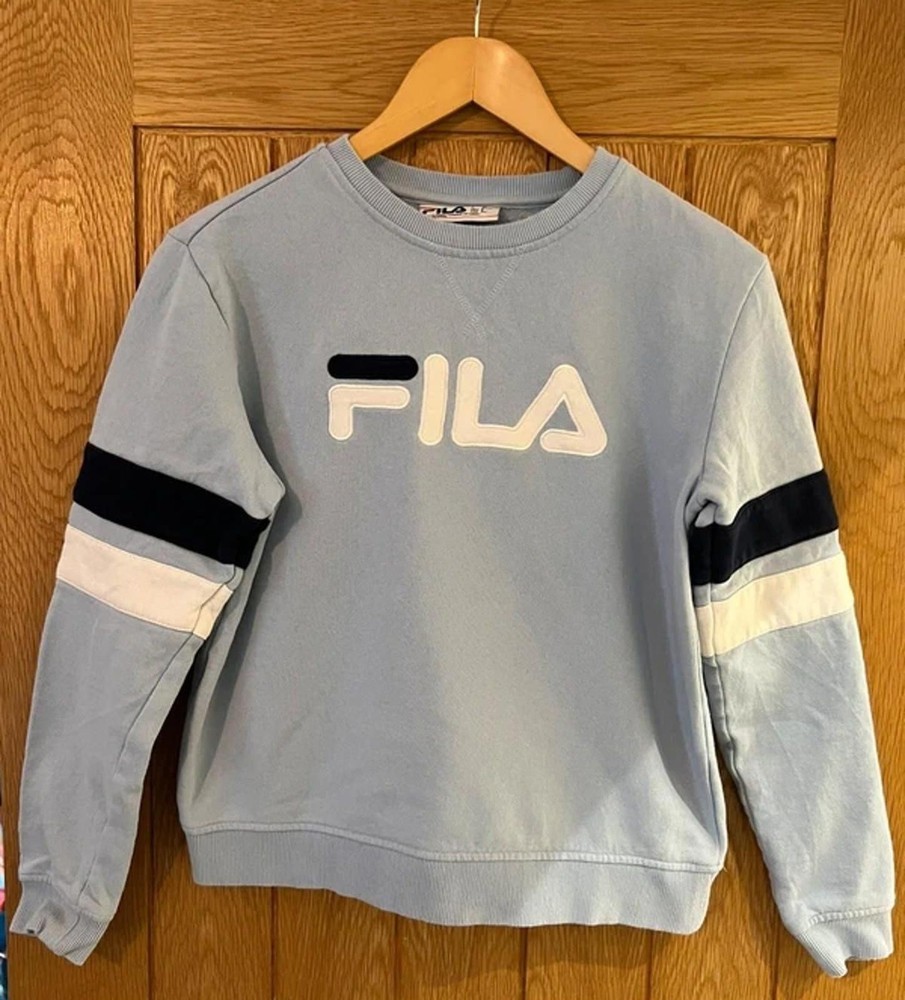 Vintage Fila Light Blue Crewneck Sweatshirt with Navy & White Sleeve Stripes