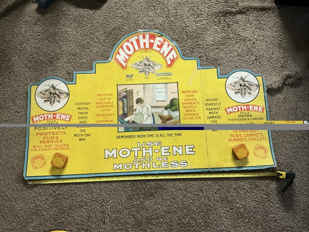 Vintage MOTH-ENE Cardboard Advertisement Display With Tins