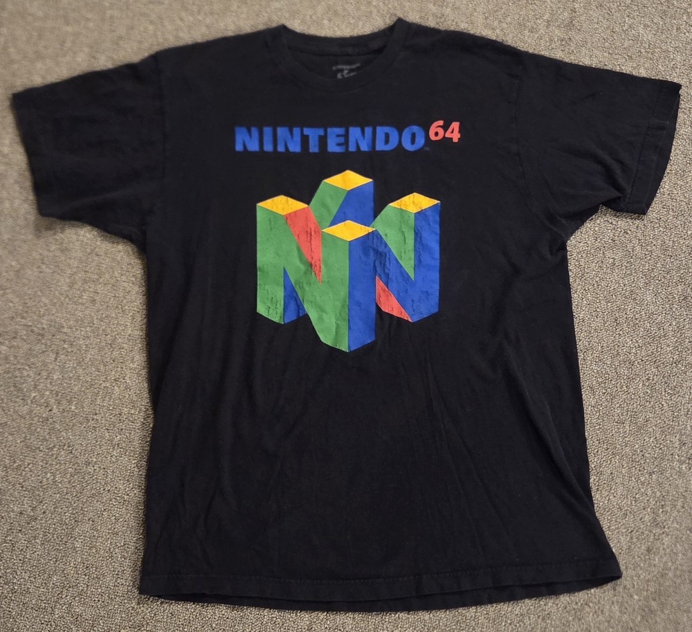 Nintendo 64 N64 Logo Large Black T-Shirt L 100% Cotton Retro Gaming Graphic Tee