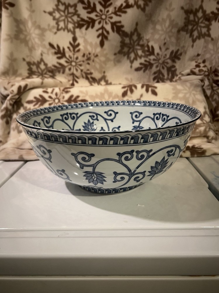 14.5” Japanese Blue & White Porcelain Serving Bowl Floral Scroll Design #G