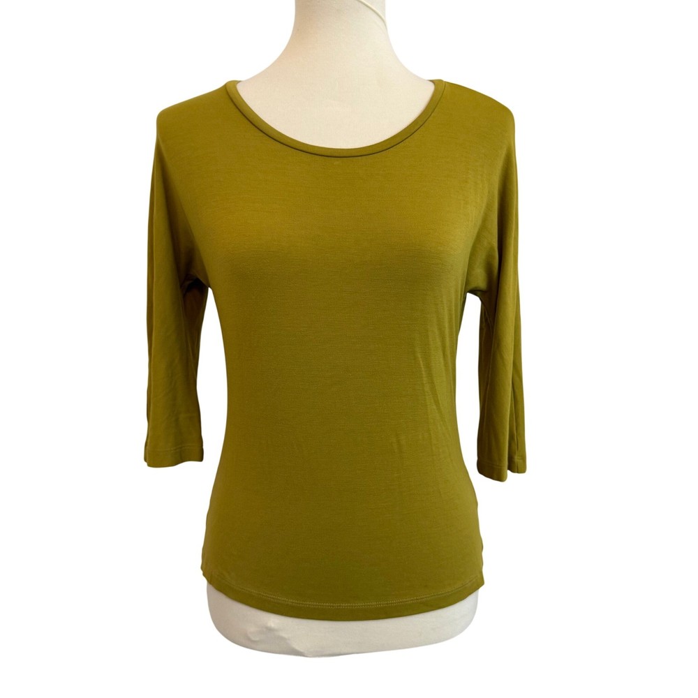 MaxMara Mustard Yellow 3/4 Sleeve Scoop Neck T-Shirt Top Made in Italy Size M