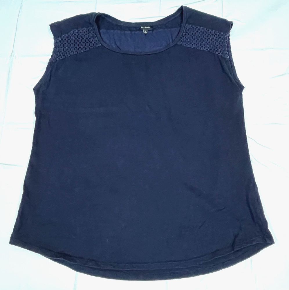 Talbots Womens Large Shirt Navy Blue Eyelet Tank Cap Sleeve Lace Career Casual