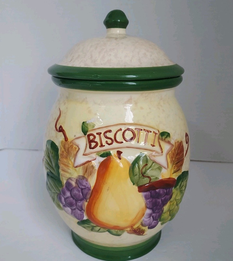 Nonni's Biscotti Cookie Jar Hand Painted Raised Fruits Pale Yellow EUC