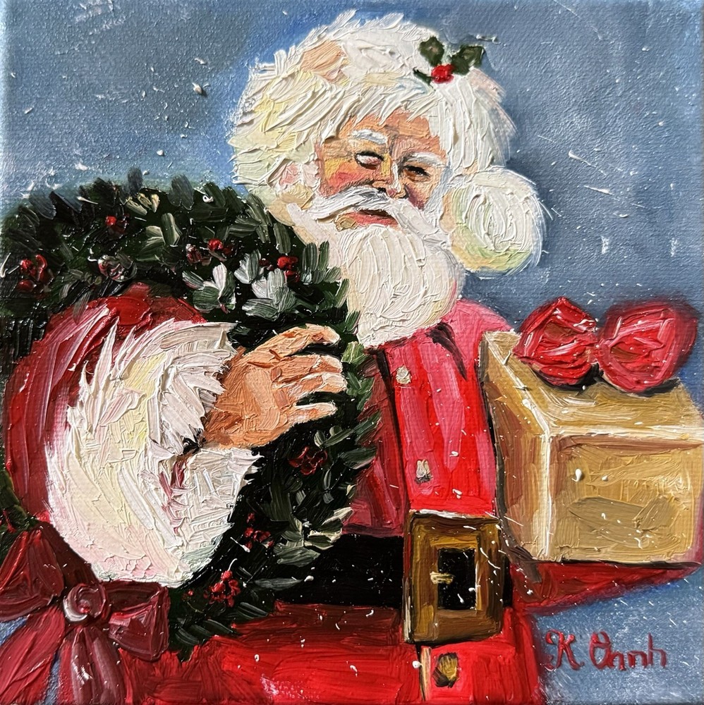 ORIGINAL OIL PAINTING SANTA CLAUSE CHRISTMAS WINTER ON STRETCH CANVAS SIGNED 6x6