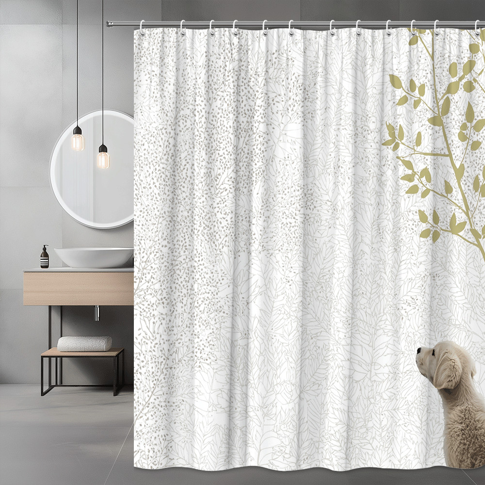 Dog and Leaf Shower Curtain Beige Botanical Print