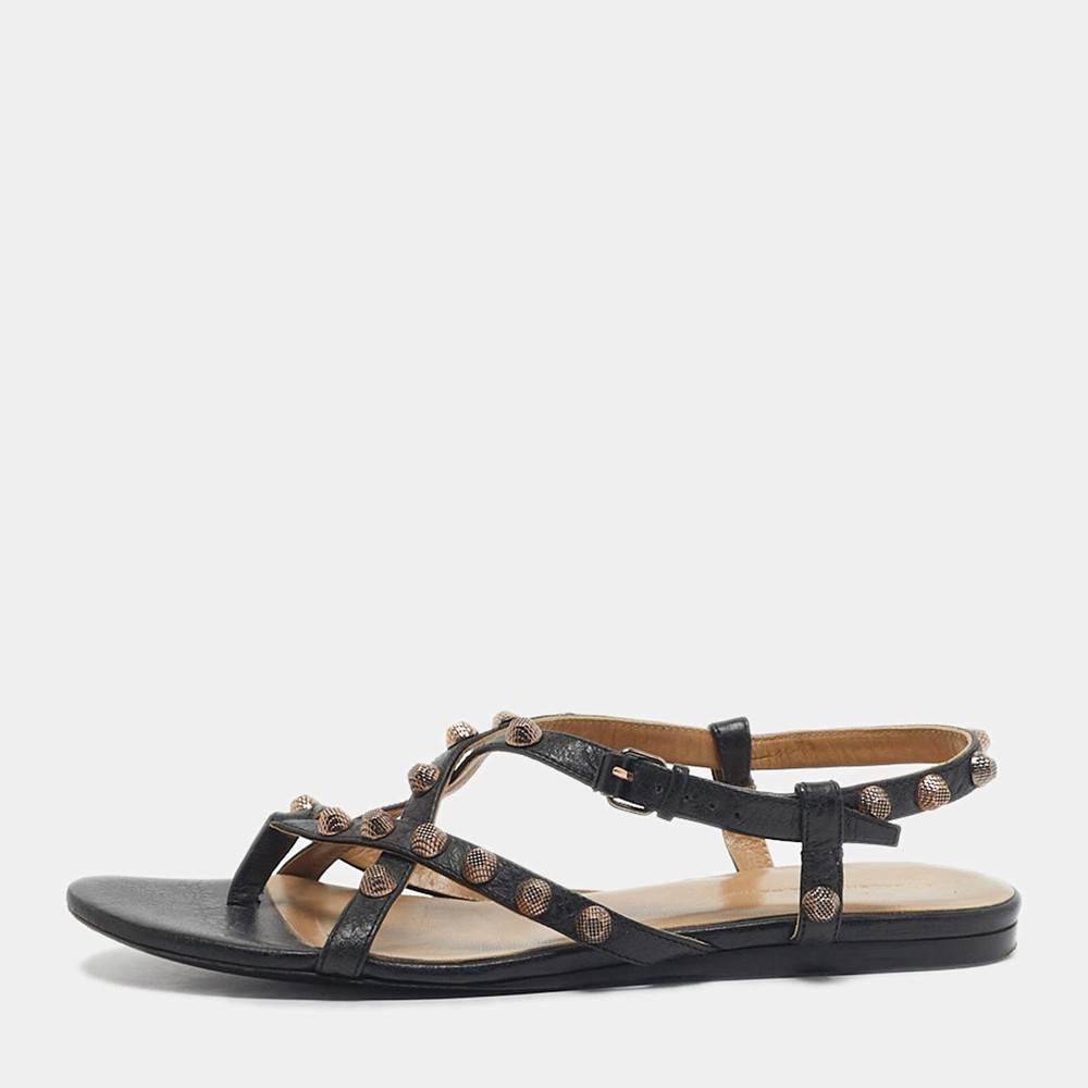 Balenciaga Black Leather studded Arena Ankle Strap Flat Sandals Size 39.5