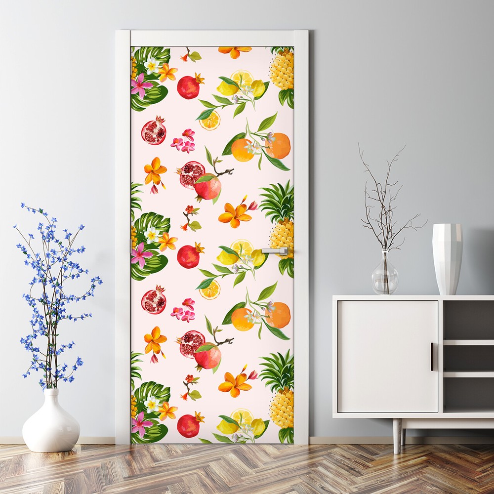 Bubble Free Door sticker Exotic Fruit Flamingo Floral Watercolour Decal Decor