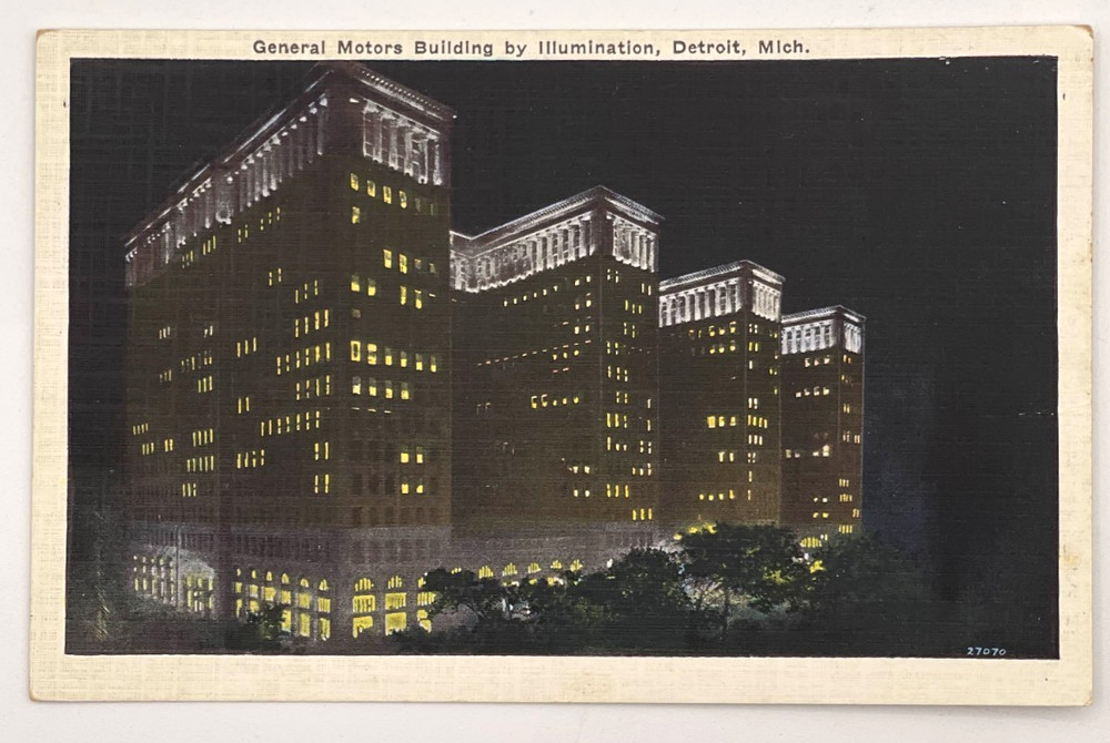 Detroit MI Postcard General Motors Building Night View Linen