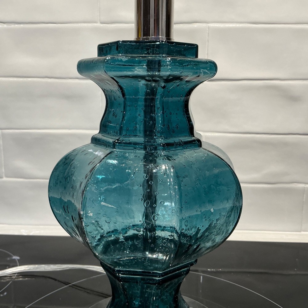 Mid-Century Style Seeded Glass Table Lamp Teal Blue with Acrylic Base 20.5”