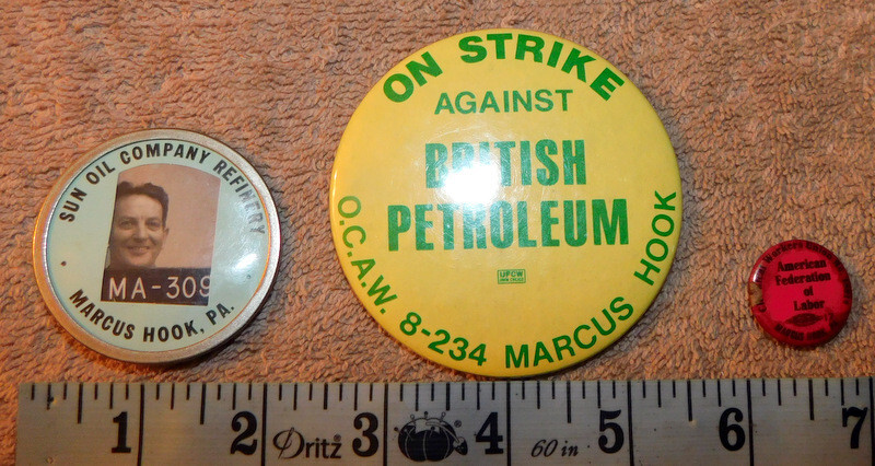 Vintage Name Badge Sun Oil Co ID Pin Marcus Hook Refinery BP On Strike Button