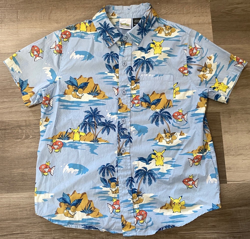 Pokemon Pikachu Eevee Magikarp Button Up Hawaiian Shirt Boys Size Youth Medium M