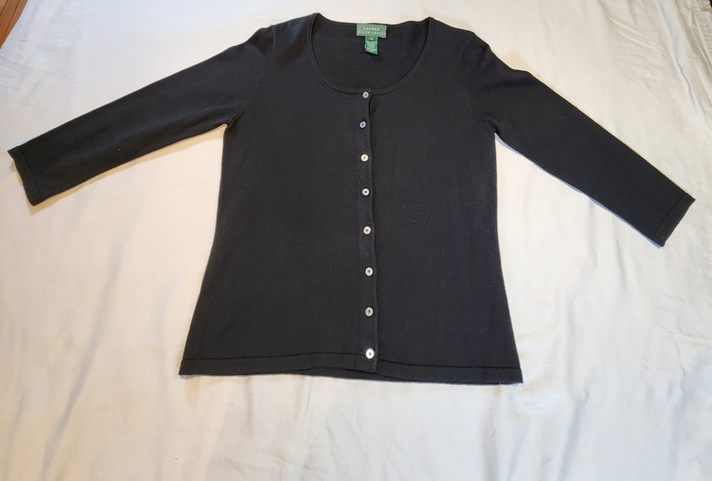 Lauren Ralph Lauren Casual Black Knit Button Front Women Top 100% Cotton Size S