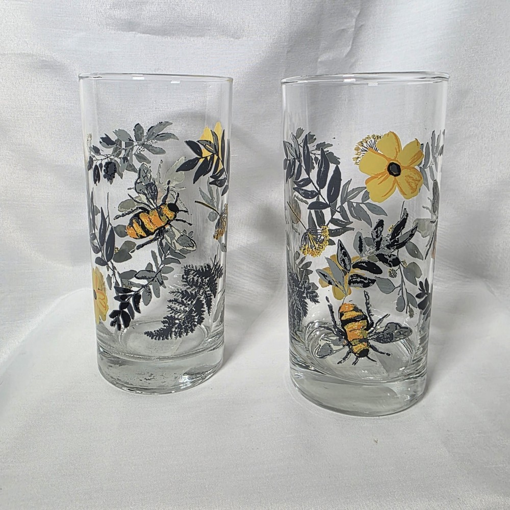 Libbey Bumble Bee & Flower Tumbler Glass x 2 16.3 Oz Royal Norfolk