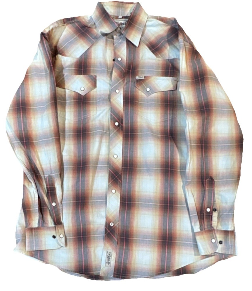 Rafter C Men’s XL Brown Red Beige Plaid Cotton Pearl snap Shirt Pro Flex 45