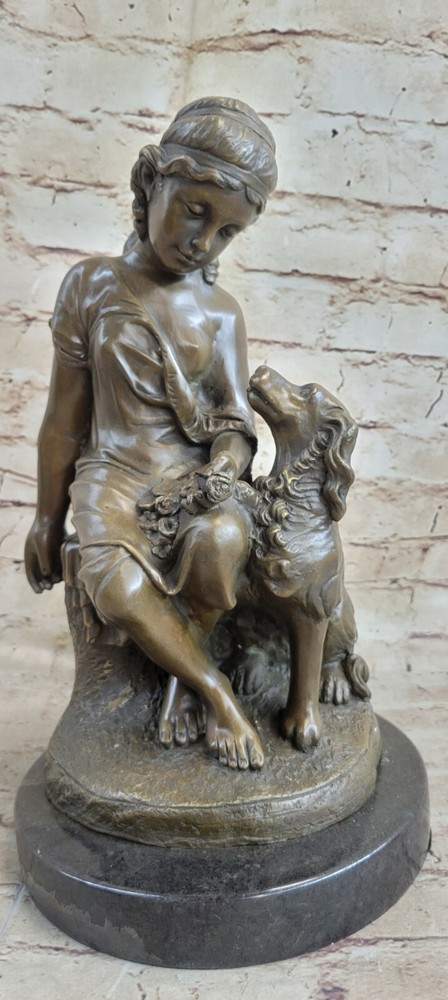 Art Deco/ Nouveau Fair Maiden with Dog Bronze Sculpture Statue Figurine Figure