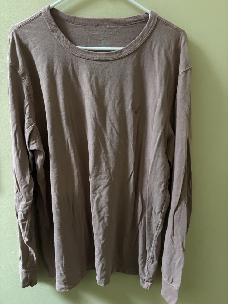 American Eagle Men's Pink Solid Logo Knit Long Sleeve Crew Neck T-Shirt L